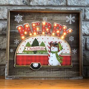 Shabby Chic Merry Christmas Camper Snowman Wooden Light up Picture